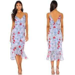 Bardot Light Blue Floral Midi Dress with Red Roses